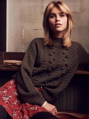 Sézane Rob Army Green Wool Cable & Bobble Knit Sweater - S